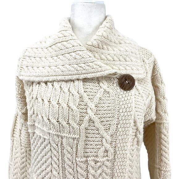 Clan Aran Women's S Cream Merino Wool Patchwork Knit Cardigan Collar Button - Picture 2 of 11